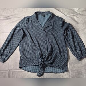 Ann Taylor Factory Womens Top Sz S Navy Long Sleeve Tie Front Button Up Stretch